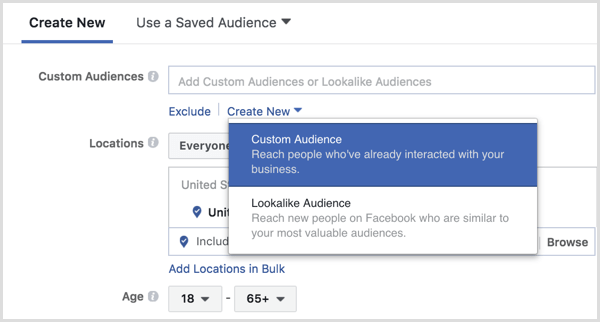 Facebook Ads Manager med nastavitvijo oglasov ustvari ciljno skupino po meri