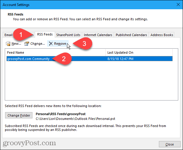 Na pogovornem oknu Nastavitve računa v Outlooku kliknite Odstrani na zavihkih RSS