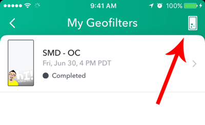 Če ste že ustvarili geofilter Snapchat, tapnite ikono za ustvarjanje na vrhu zaslona.