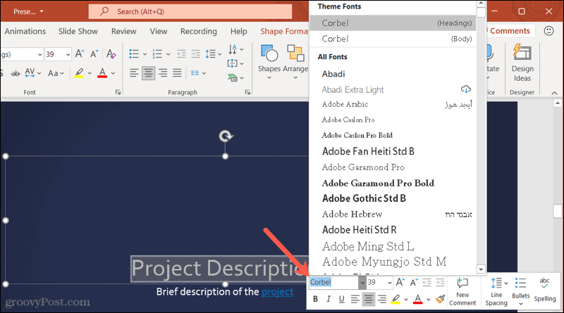 Pisave v orodni vrstici v PowerPointu v sistemu Windows