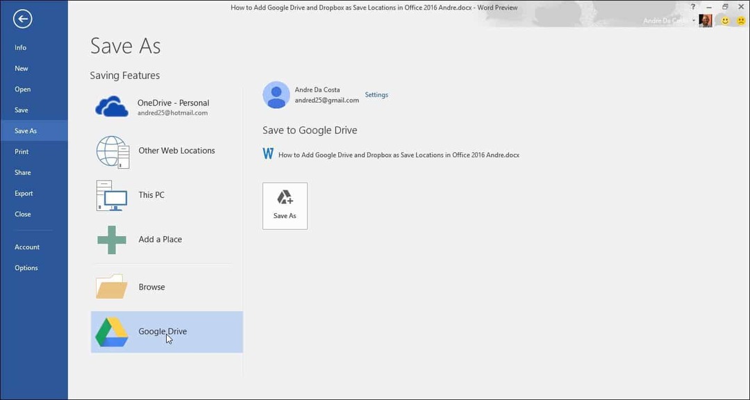 Dodajte Google Drive in Dropbox kot Shrani lokacije v programu Microsoft Office