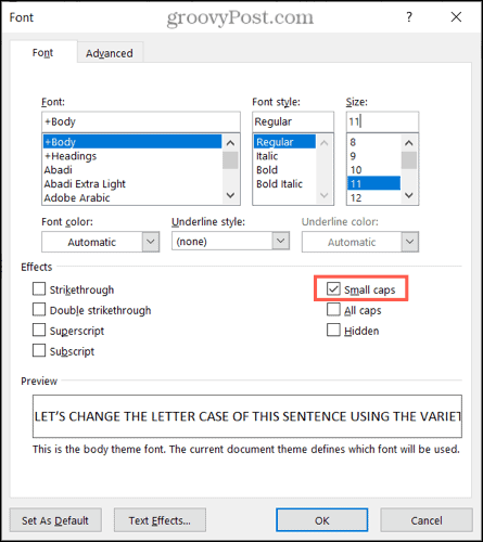 V Wordu v sistemu Windows uporabite majhne črke