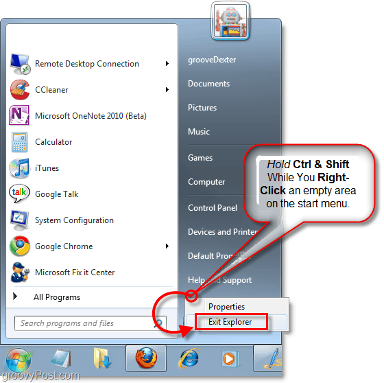 držite tipke in z desno miškino tipko kliknite meni »Start« za izhod iz raziskovalca v sistemu Windows 7
