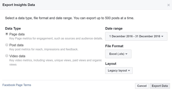 Izberite vrsto podatkov, obseg, format datoteke in postavitev za svoje podatke Facebook Insights.