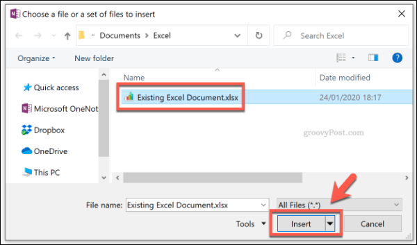 Dodajanje datoteke Excela kot priloge datoteke v OneNote