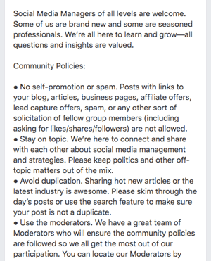 Tu je primer pravil skupine Facebook.