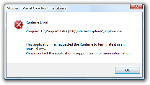 Internet Explorer 8 (IE8) Microsoft Visual C ++ Runtime Library: Runtime Error!