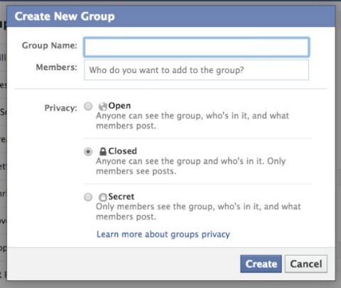 zaslon za nastavitev skupine facebook