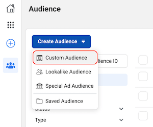 Možnost Custom Audience na nadzorni plošči Facebook Audiences