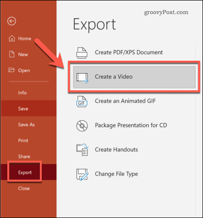Izvoz PowerPointa v video v sistemu Windows
