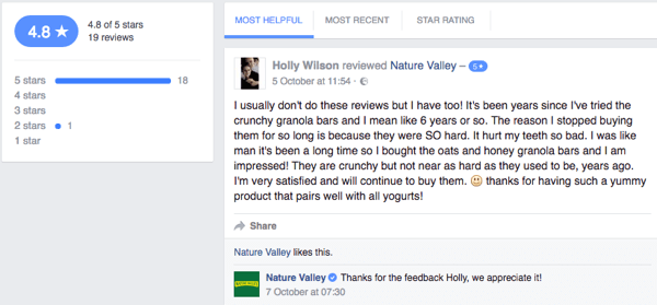 Stranka Nature Valley pusti pregled stranke na Facebook strani podjetja.