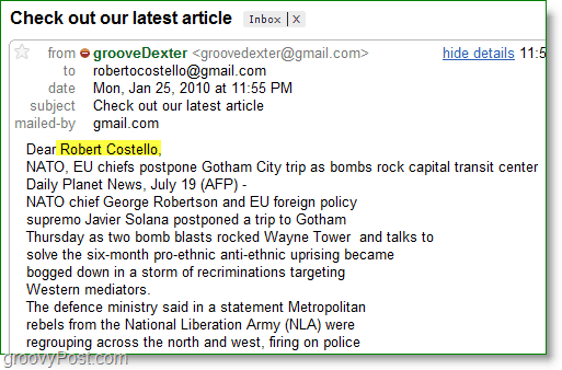 Posnetek zaslona Outlooka 2010 - primer prilagojene množične e-pošte