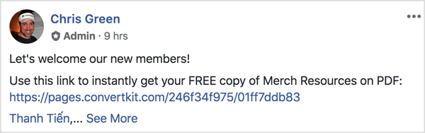 Ta objava v skupini na Facebooku pozdravlja nove člane in jih opominja na prenos brezplačnega PDF-ja.
