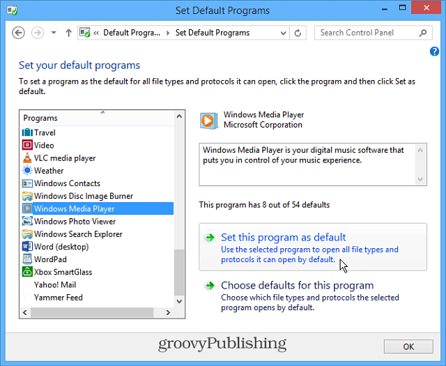V programu Windows 8 predvajalnik Windows Media Player postane vaš privzeti