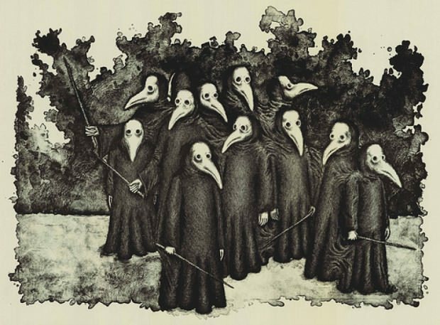 Ilustrirani način zaščite pred kugo, ki se je razširil v srednjem veku, so ljudje s temi maskami preprečili širjenje bakterij