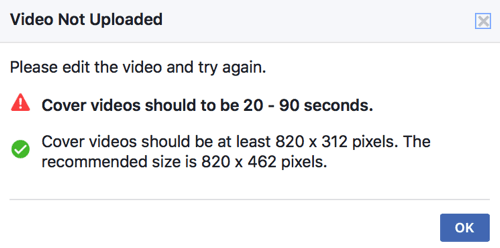 Če vaš naslovni video še ne ustreza tehničnim standardom Facebooka, ga ne boste mogli naložiti neposredno kot naslovni video svoje strani.