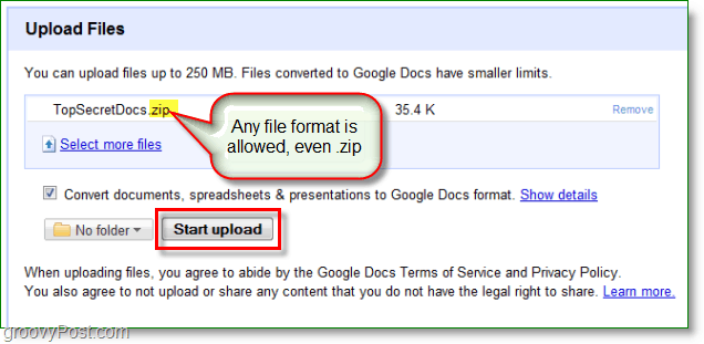 Posnetek zaslona Google Docs - naložen zadrgo