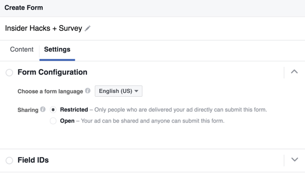 Za obrazec za potencialne stranke na Facebooku lahko izberete jezik.
