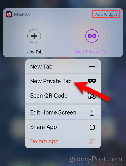 Dolgo pritisnite ikono Firefox in izberite Nov zasebni zavihek v iOS-u