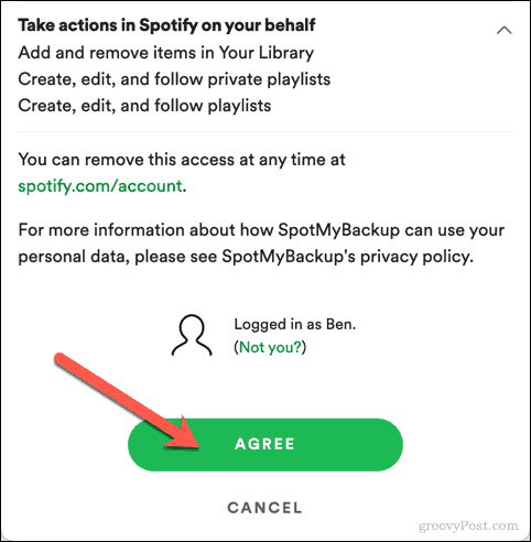 Odobritev dostopa do SpotiMyBackup do Spotify