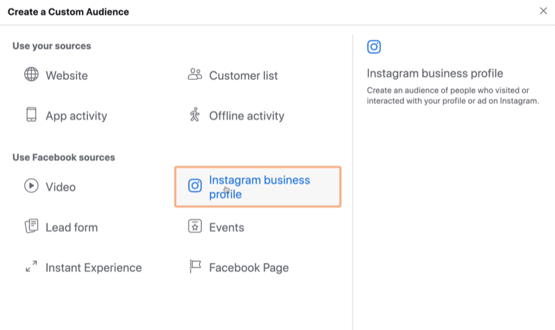 izberite Instagram Business kot vir za Facebook občinstvo po meri