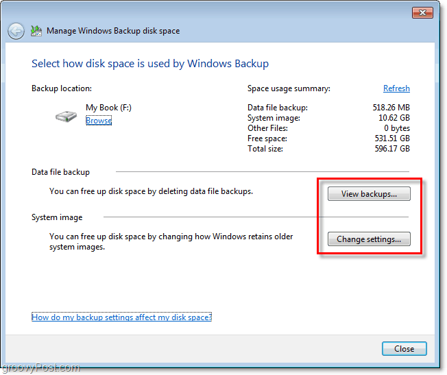 Varnostno kopiranje sistema Windows 7 - oglejte si varnostno kopijo ali spremenite nastavitve, da prilagodite velikost