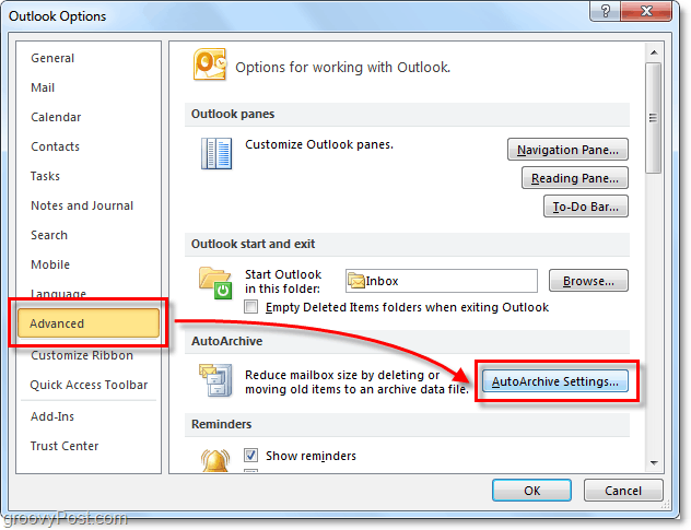 Napredne nastavitve samodejnega arhiviranja v Outlooku 2010