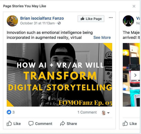 Facebook med objavami v vašem viru novic priporoča "Zgodbe o straneh, ki vam bodo morda všeč".