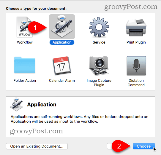 V programu Automator za Mac izberite vrsto aplikacije