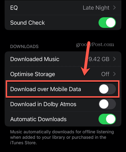 mobilni podatki apple music izklopljeni