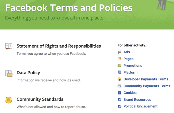 Facebook opisuje vse pogoje in politike, ki jih morate poznati.