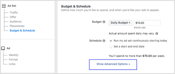 Ko nastavite Facebook oglas, v razdelku Proračun in razpored kliknite Prikaži dodatne možnosti.