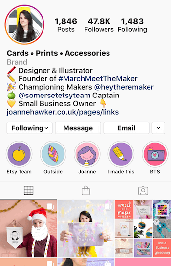primer biografije poslovnega računa Instagram z emojiji