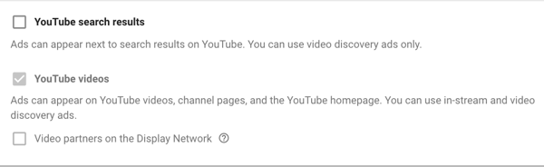 Kako nastaviti oglaševalsko akcijo YouTube, korak 11, nastavite možnosti prikaza omrežja