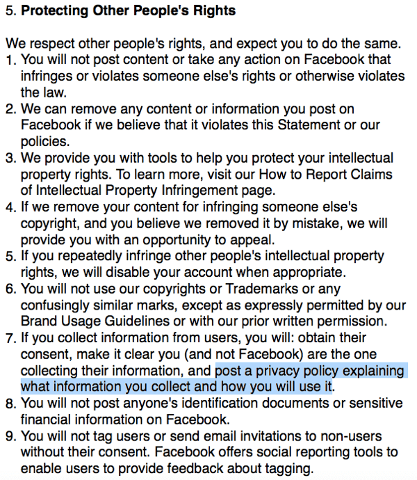 Pogoji Facebooka, ki opisujejo zahteve glede politike zasebnosti.