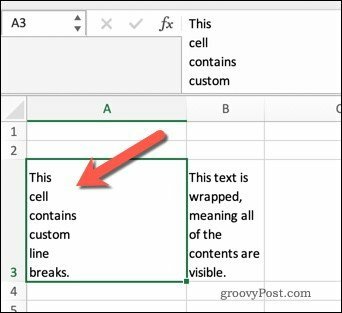 Zavijanje besedila v Excelu z uporabo prelomov vrstic.