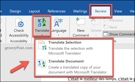 Možnosti za prevajanje Wordovega dokumenta