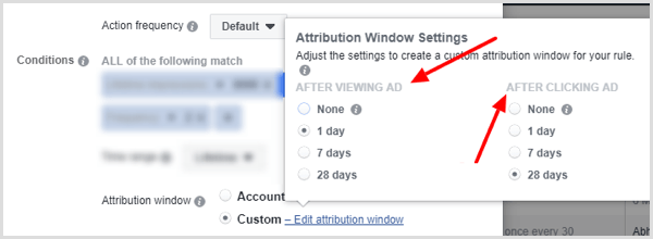 Možnosti nastavitev okna dodeljevanja pri nastavitvi pogoja za pravilo Facebook