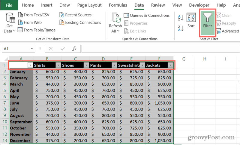 Omogoči filtre v Excelu