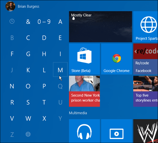 aplikacije s prvo črko Windows 10 Start