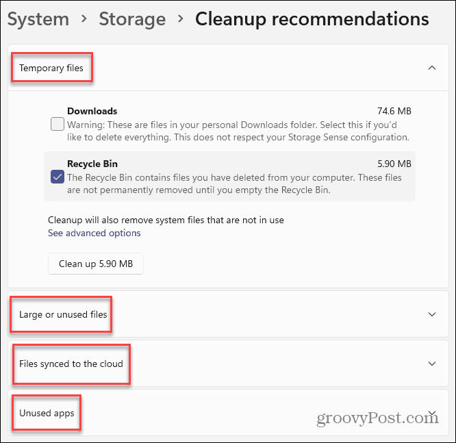 priporočila za čiščenje sistema Windows 11