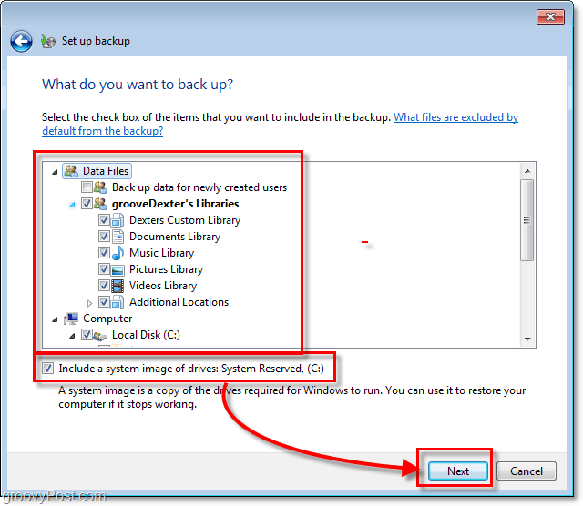 Varnostno kopiranje sistema Windows 7 - podrobno izberite, za kaj želite varnostno kopirati