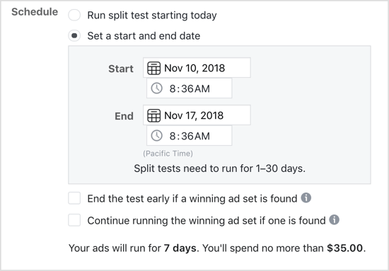 Izberite možnost Nastavi datum začetka in konca za preizkus Facebook split.