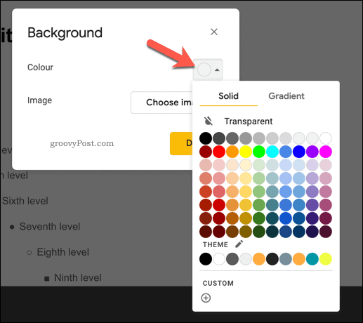 Dodajanje barve ozadja glavnemu diapozitivu v Google Diapozitivih