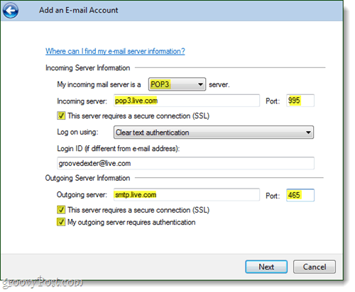 Windows Live Mail https nastavitve e-poštnega računa
