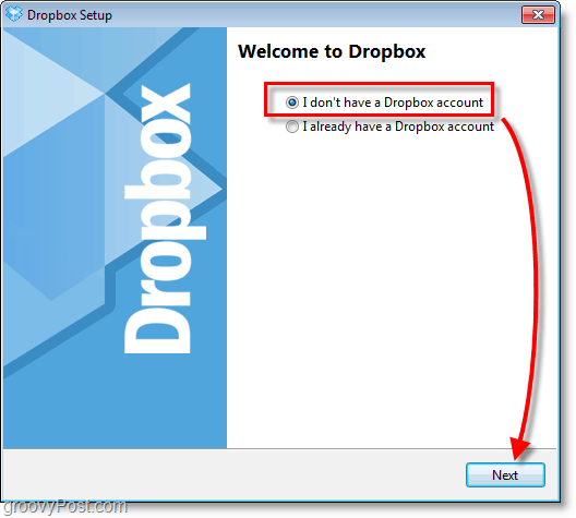 Zaslon zaslona Dropbox - izberite ustvarjanje novega računa