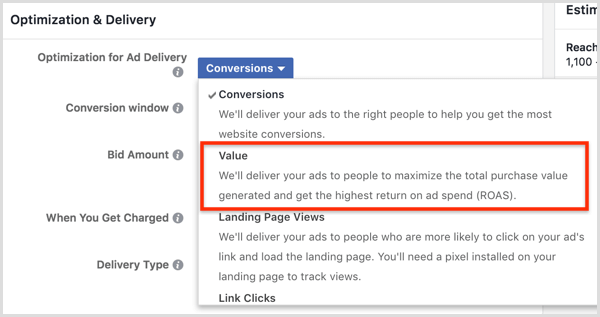 Na spustnem seznamu Optimizacija za prikazovanje oglasov izberite možnost Vrednost.