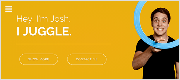 Spletno mesto Josh Hortona za žongliranje ima rumeno ozadje, fotografijo Josha, ki se smehlja in vrti svetlo modri žonglerski prstan okoli kazalca ter belo besedilo, ki pravi Hej, jaz sem Josh. Žongliram.