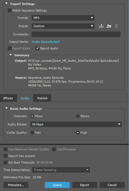 Zvok izvozite kot datoteko MP3 v Adobe Premiere.