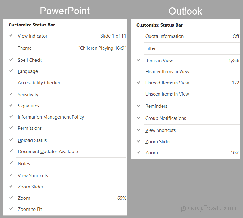 Možnosti vrstice stanja PowerPoint in Outlook